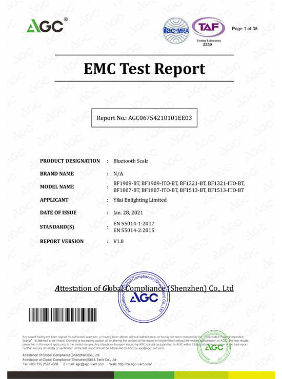 
     Certificado Yilai Scale RED por AGC
    