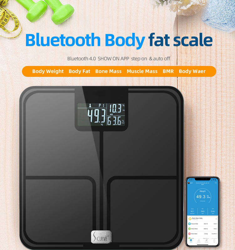Báscula de grasa corporal Bluetooth con aplicación de teléfono inteligente