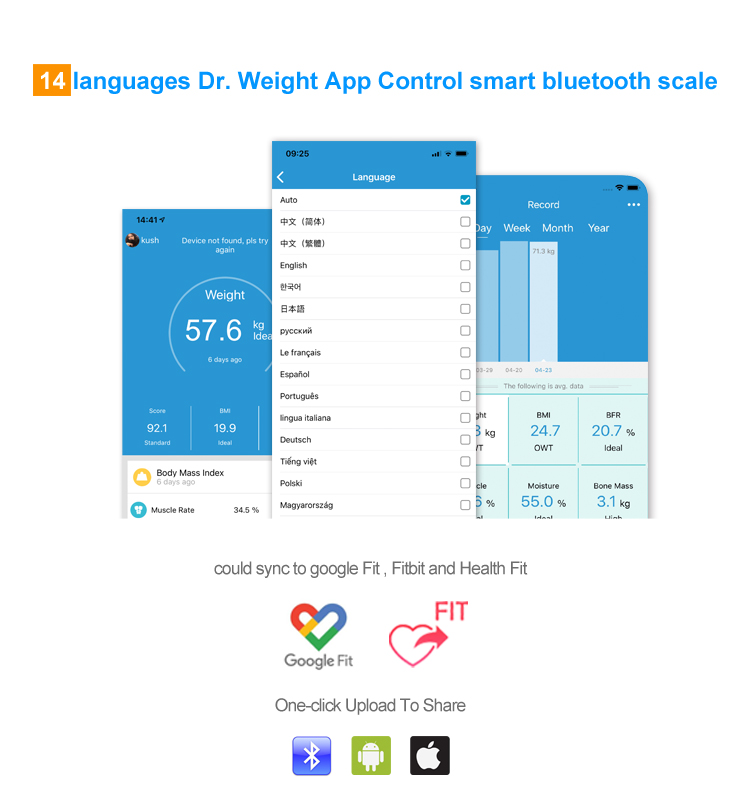 Analizador de composición corporal con escala de aplicación para teléfono inteligente